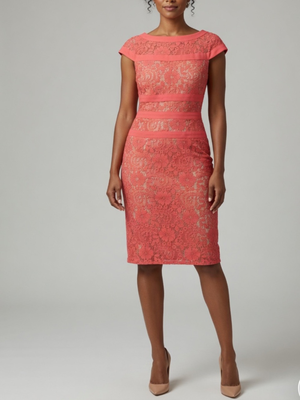 Adrianna Papell Coral Lace Cap Sleeve Sheath Dress